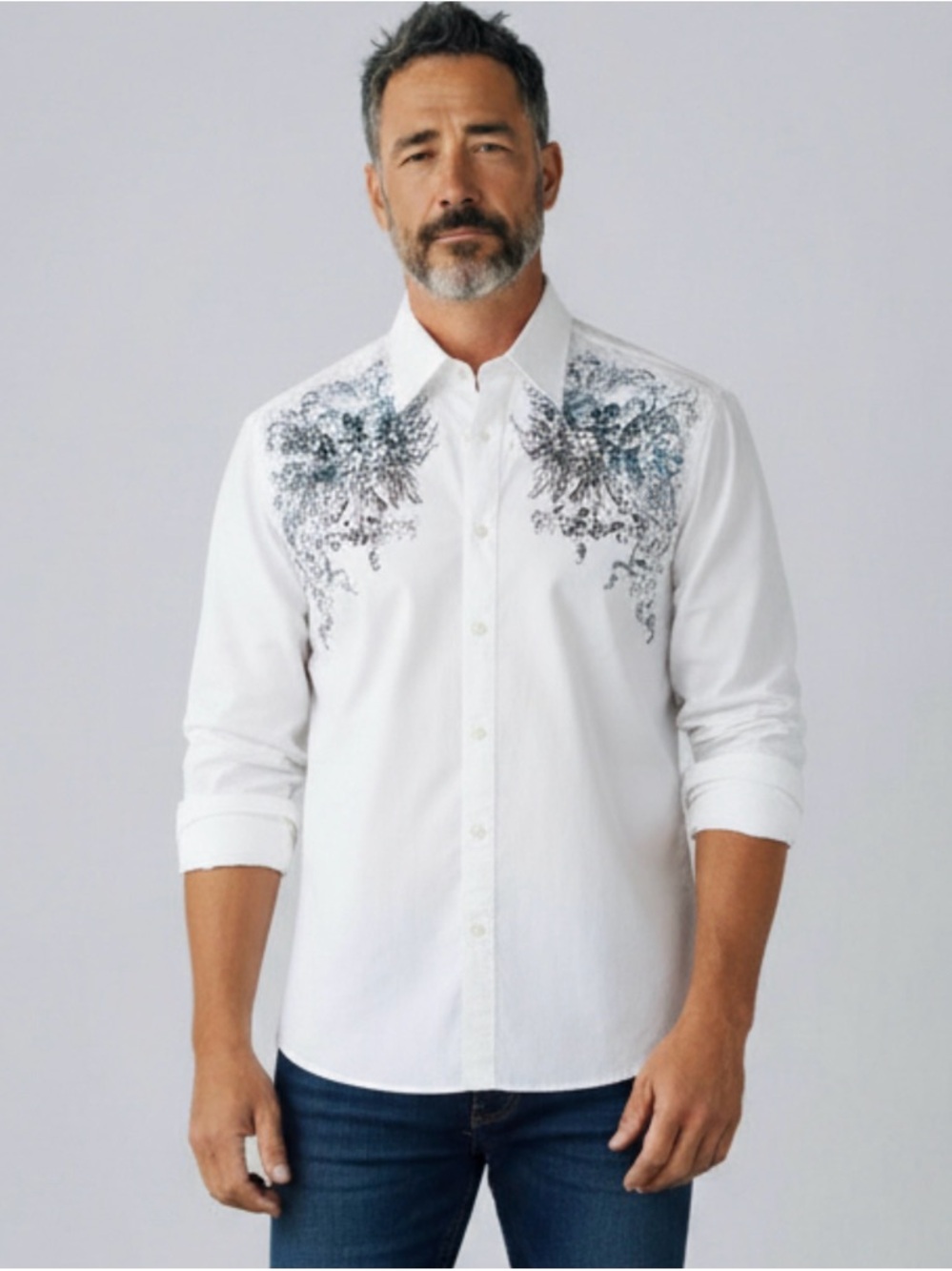 Roar Men's Rare Embroidered Graphic Print Designer Embellished Shirt White Sz M